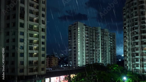 Nighttime Urban Apartment Building with Illuminated Balconies After Rain