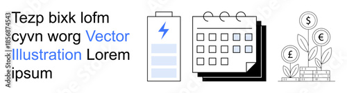 Energy efficiency, time tracking, financial planning, sustainability, productivity, economy. Battery icon, calendar graphic and money growth symbol. Energy efficiency and time tracking concepts