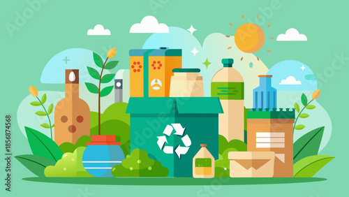 Clean vector illustration of eco-friendly packaging with recyclable materials and green symbols.
