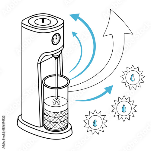 A schematic illustration of a water purification device with filtration process and clean water output shown clearly