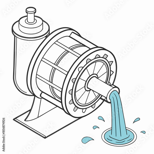 A detailed line drawing showcases a water pump mechanism with flowing liquid illustrating its functionality and design