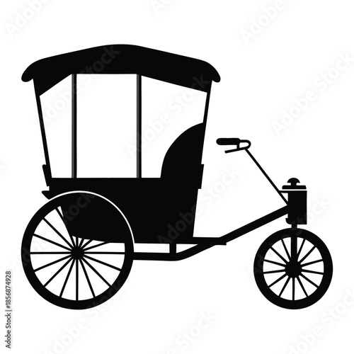 Black silhouette of a vintage rickshaw with large wheels and a covered seat vehicle