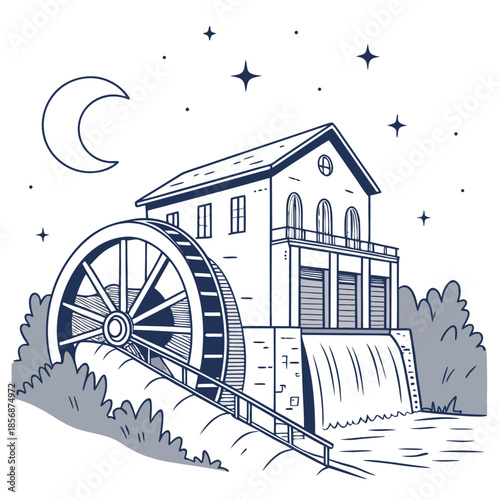 A quaint illustration depicts a classic watermill at night with a crescent moon and sparkling stars above