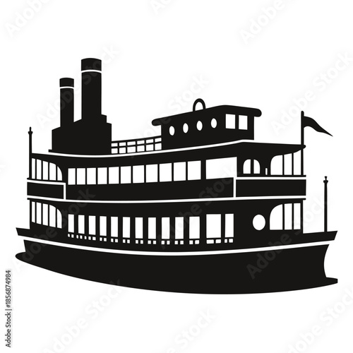 Black silhouette of antique riverboat with two smokestacks and flag white