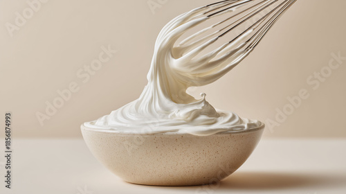 Whipped cream in a speckled ceramic bowl, lifted by a metal whisk, creating a smooth, flowing stream. The creamy texture contrasts with the neutral background.