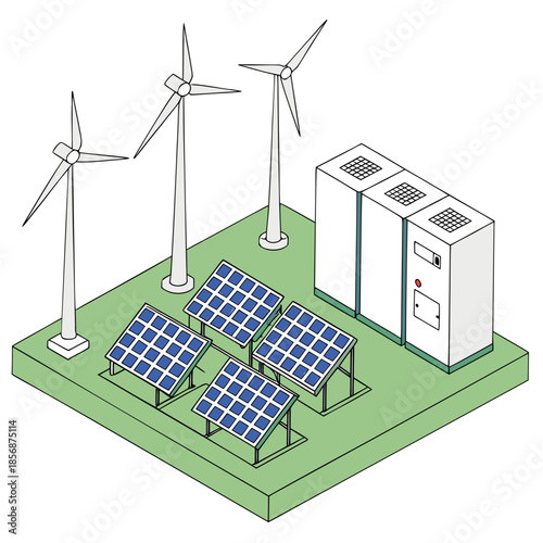 A graphic representation of a hybrid renewable energy system featuring wind turbines alongside solar panels and an electrical substation