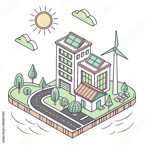 Isometric illustration showcasing a sustainable city with solar panels wind turbines green spaces and a bright sunny sky above