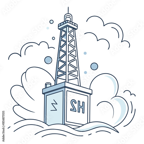 A simplified illustration depicts an offshore oil platform surrounded by stylized waves and fluffy clouds creating a serene scene