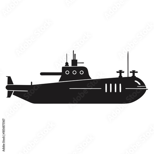 Black silhouette of old submarine with gun and antennae vintage