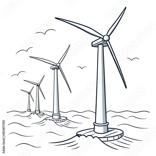 A serene illustration depicts multiple wind turbines standing in a body of water under a cloudy sky with birds flying