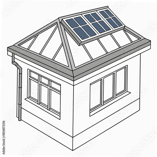 Architectural rendering of a small building extension featuring a skylight with integrated solar panels for sustainable energy generation