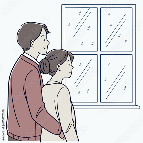 A couple stands closely together gazing out a window with multiple panes lost in quiet contemplation high quality