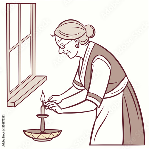 An elderly woman in traditional attire carefully lights an oil lamp near a window a moment of quiet devotion