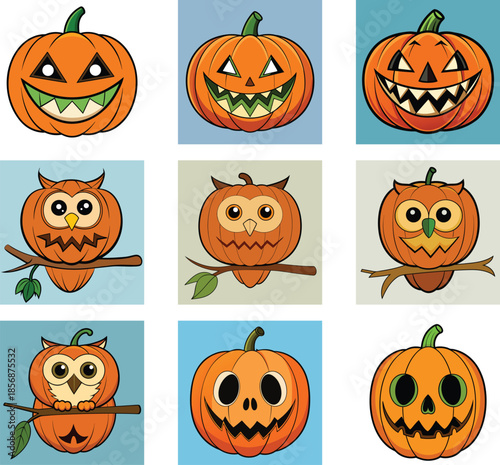 Halloween Pumpkins and Owl Pumpkins Cartoon Vector Illustrations