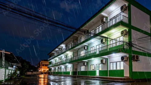 Nighttime Urban Apartment Building with Illuminated Balconies After Rain