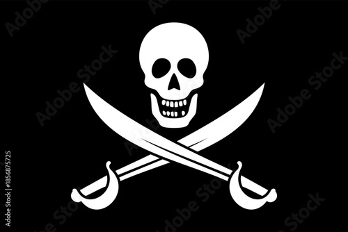 Crossed Swords Jolly Roger, a pirate flag with skull and crossed sabers on black field. Boarding cutlass, the principal weapon of a typical pirate and buccaneer. Black and white illustration. Vector
