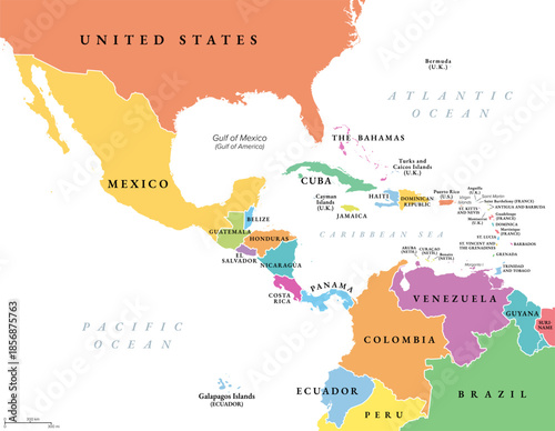 Middle America, multi colored political map. Subregion in the Northern Hemisphere tropics of the Americas. Mexico, countries of Central America, and island countries and territories of the Caribbean.