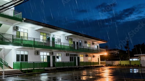 Nighttime Urban Apartment Building with Illuminated Balconies After Rain