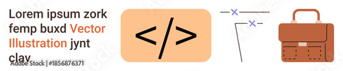 Web development, coding, education, business communication, content creation, workplace tools. Central coding tag symbol with text and a brown briefcase. Web development and workplace tools concept