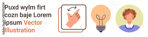 Innovation, ideas, interface, creativity, design, user interaction. Hand swiping gesture, glowing light bulb and a person icon. Innovation and ideas illustrated with minimalistic visual elements