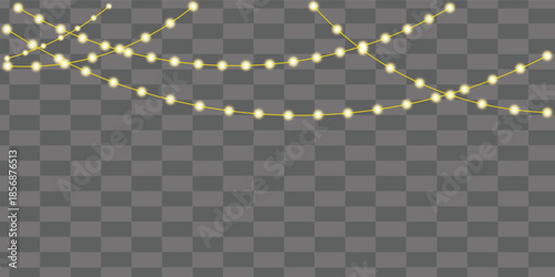 Christmas garland on transparent background. Glowing yellow light bulbs with sparkles 