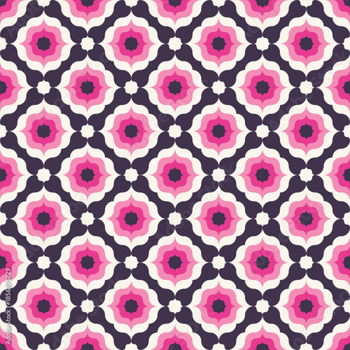 Groovy Seamless Floral Pattern in Pink White and Dark Purple Colors