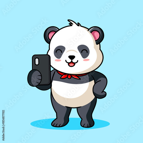 Cute Panda Taking a Selfie with a Smartphone Vector Illustration Kawaii Design