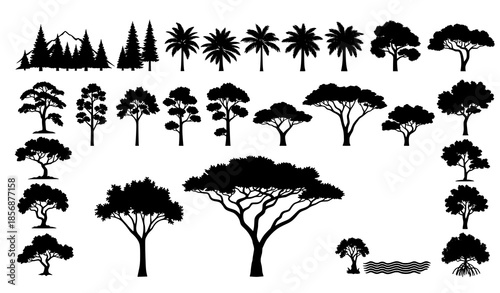 Vector tree silhouette collection showing diverse vegetation zones and landscape types