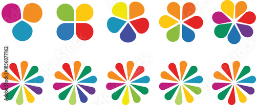 Colorful abstract flower vector illustration set with smooth geometric petals and vibrant balanced tones, ideal for modern logo design, branding projects, creative illustrations, digital artwork, app 