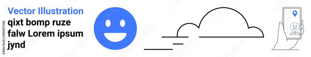 Fototapeta premium User interaction, cloud storage, social media, digital communication, happiness, location services. A smiling face icon, cloud symbol and phone with map pin. User interaction and cloud storage