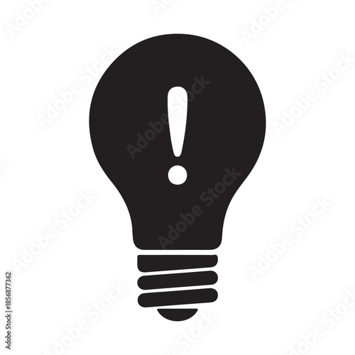 A black and white illustration of a light bulb with an exclamation mark inside representing an idea or warning