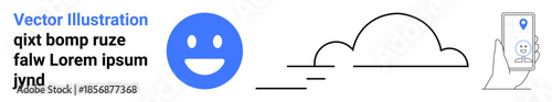 User interaction, cloud storage, social media, digital communication, happiness, location services. A smiling face icon, cloud symbol and phone with map pin. User interaction and cloud storage