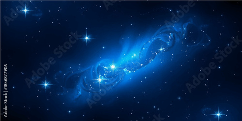 An abstract fantasy illustration of the Pisces and Gemini zodiac signs glowing within a bright blue starry nebula across the dark night sky of the cosmic universe