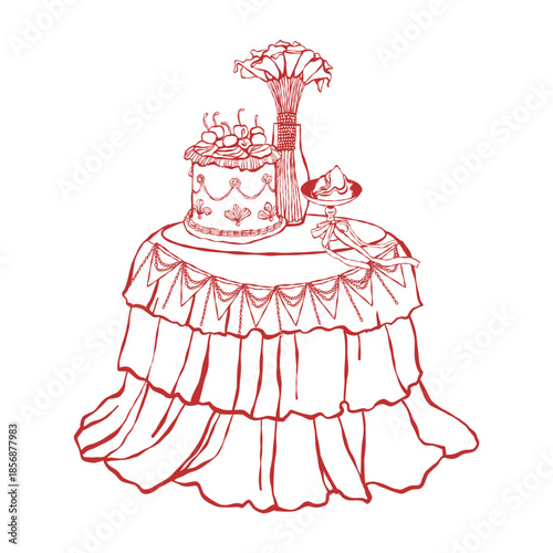 Romantic dinner. Vintage illustration for Valentines Day, weddings, or birthdays. Table with cake, flowers, sweet dessert. Red vector outline illustration on a white background.