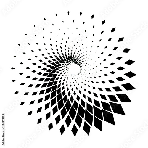 Abstract black and white diamond pattern forming a spiral vortex with depth illusion. Modern geometric background suitable for technology, digital art, futuristic designs, posters, wallpapers, and cre