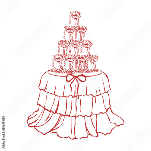 An elegantly set table with a display of wine glasses. Illustration for Valentines Day or a wedding. A flirty tablecloth. Romantic dinner. Red Vector outline illustration on a white background