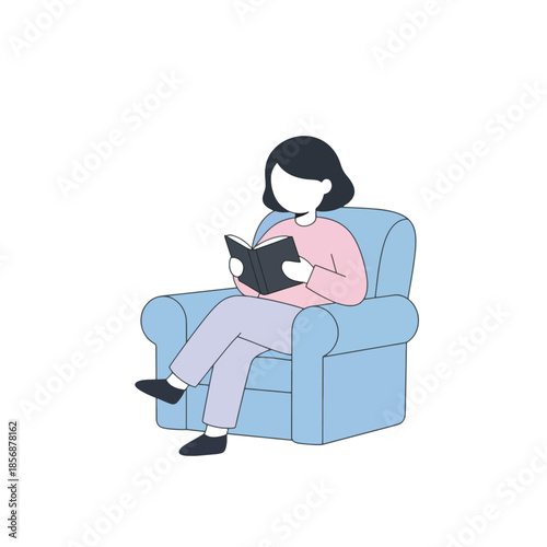 Woman sitting on a blue armchair reading a book