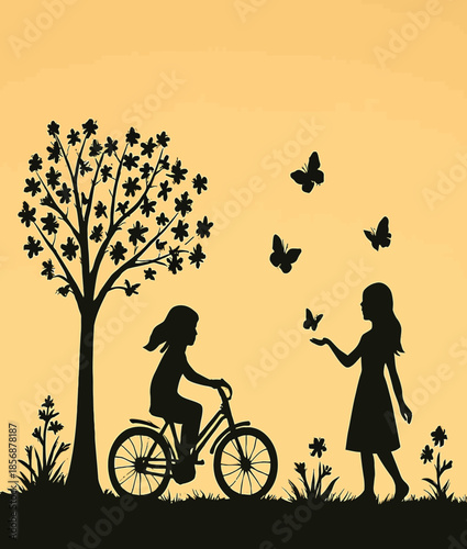 Silhouette of a girl riding a bicycle at sunset in a park surrounded by nature