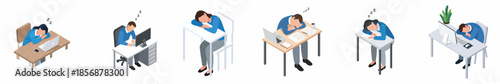 Isometric Sleepless Business Man Sleeping on Desk Icon Set Illustration