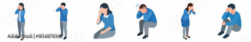 Flat Isometric Sad People Depressed in Different Poses Expression Illustration