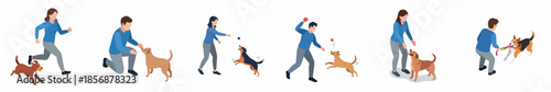 Simplified Flat Illustration Set of People Interacting with their Dog Animal Pet