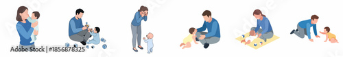 Minimalist Depiction of Parent and Infant Interactions Various Activities Illustration