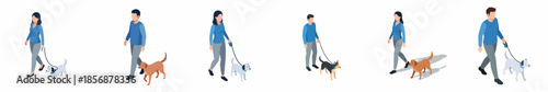 Flat Style Diverse People Walking With Their Cute Dog Companion Illustration