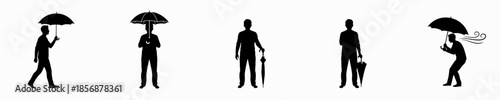 Simple Silhouette Person with Umbrella Various Poses Character Illustration