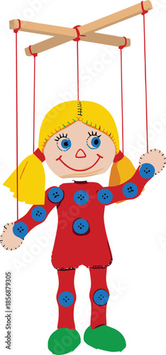 Colorful marionette puppet doll with strings, playful wooden toy character illustration for childhood entertainment, creativity and art concept