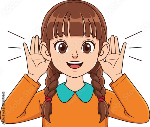 Cute cartoon girl smiling with braided hair and hands near ears, playful listening expression illustration on white background