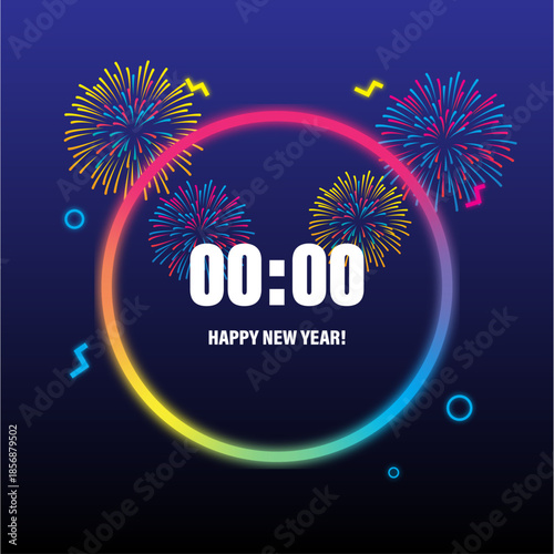 Neon new year countdown circle with fireworks, vector background