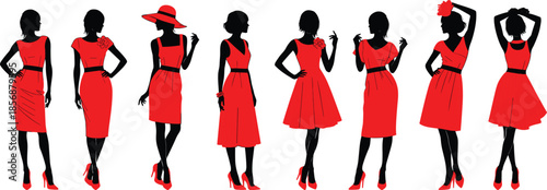 Fashion women silhouettes in elegant red dresses and high heels, stylish female poses illustration for beauty, glamour and clothing design