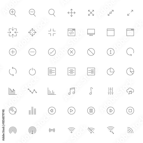 Minimalist thin line user interface icon set, Web and mobile app navigation symbols, Digital control elements collection, Outline media and chart graphics, Modern vector icon pack