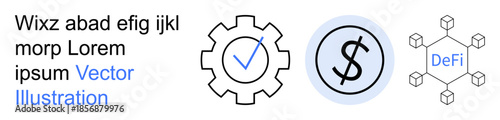 Blockchain, fintech, decentralized finance, digital currency, financial transaction, economy management. Symbols include gear, checkmark and dollar sign linking to blockchain design. Blockchain